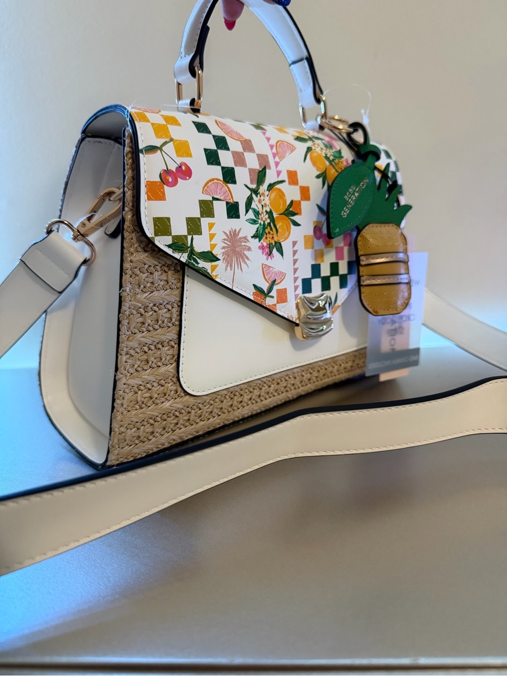 BCBGeneration White Multicolor Tropical Straw-Trim Satchel with Pineapple Charm - Picture 3 of 4